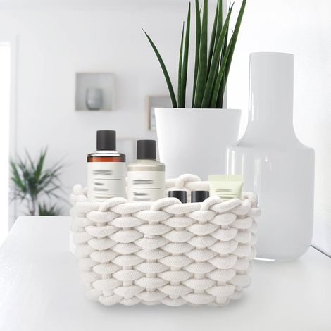 Lot de 2 Petits Paniers Tressés Blancs en Coton Doux, Paniers de Rangement Carrés pour Jouets et Bain