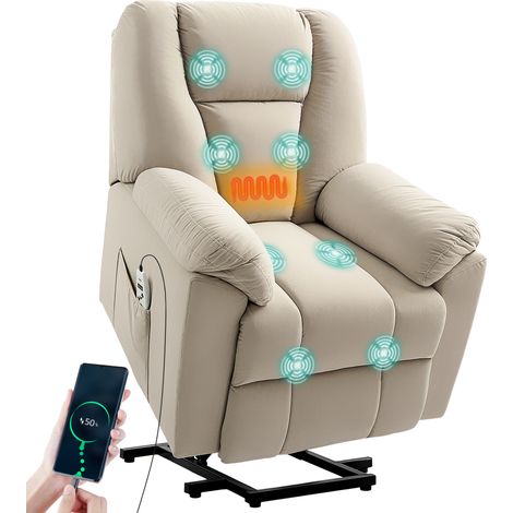 Poltrona reclinabile elettrica con funzione massaggio e riscaldamento, schienale reclinabile, porte USB, telecomando, beige