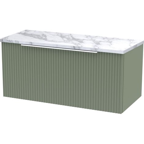 Tixall Fluted 1 Drawer Wall Hung Vanity Unit with Laminate Worktop, Satin Green, 800mm