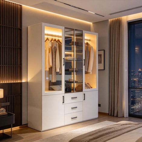 FOERPL-Weißer Kleiderschrank mit LED-Beleuchtung und Spiegel, Kleiderschrank für Erwachsene mit 2 Glastüren und 3 Schubladen, multifunktionaler Kleiderschrank mit Kleiderstange, Kleideraufbewahrung