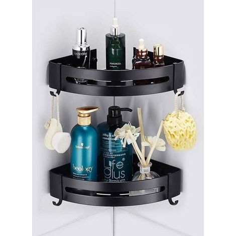 Étagère D'Angle Douche, Etagere Salle de Bain,Deux Méthodes D'Installation,Aluminium Panier de Rangement pour Douche Avec Crochets - Tablette D'Angle Douche (Noir-Double) (1/4)