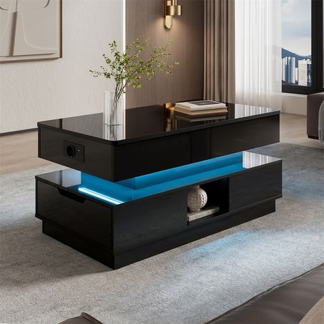 Table Basse Relevable Noir Haute Brillance - Plateau Ajustable avec Rangement, LED Multicolore et Prise Intégrée - 90x48 cm (1/5)