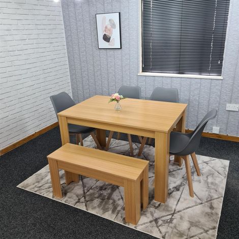 Dining Table and 4 Chairs With Bench Oak Effect Wood 4 Grey Plastic Leather Chairs Dining Room (1/5)