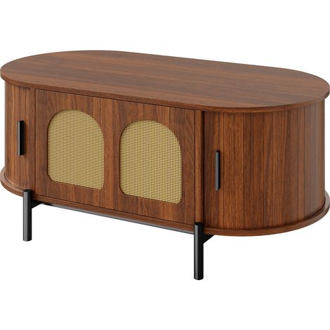 Mesa de centro ovalada de MDF color nogal con puertas de ratán y patas de metal (1/5)