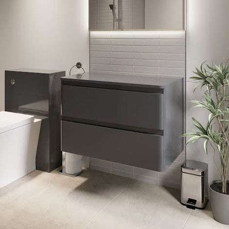 Bathroom Cloakroom Vanity Unit Wall Mounted Storage Cabinet Grey Gloss 800mm (1/5)