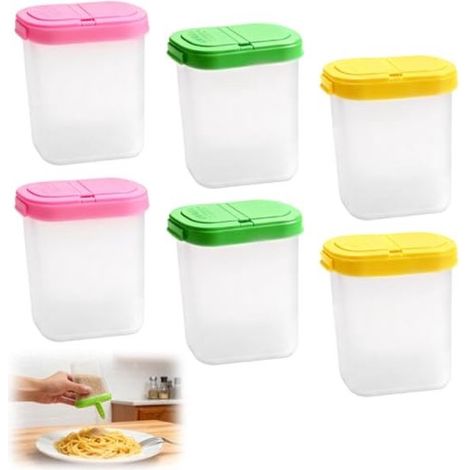 Set di 6 barattoli per spezie, 250 ml, in plastica senza BPA, ermetici e resistenti all'umidità, con coperchi, due aperture ed etichette. Trasparenti. (1/5)