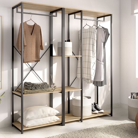 Großer Baumwoll-Kleiderschrank, Schlafzimmer Schrank mit 3 Böden, Kleiderstange, Schubladen, 40x167h cm, Eichenbraun (1/4)