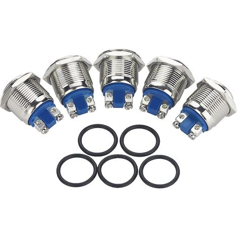 Lot de 5 boutons-poussoirs métalliques argentés étanches de 19 mm, 2 A/250 V, à tête convexe. (1/5)