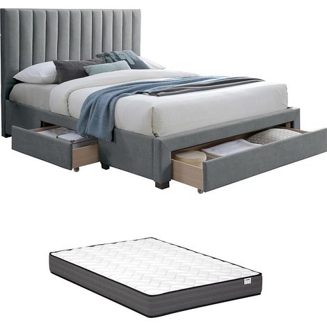 Letto con 3 cassetti 160 x 200 cm in Tessuto Grigio + Materasso - LIAKO