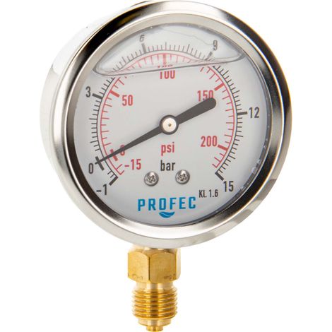 Profec Manometer -1 bis 15 bar, Glyzeringefüllt, Ø 63 mm, 1/4 Zoll Anschluss nach unten Radial, Unterdruck-Manometer