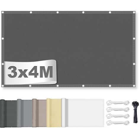 Voile d'ombrage avec corde - Voile d'ombrage imperméable avec œillets - Protection solaire - Pour balcon, terrasse - 95 % protection anti-UV - Pour balcon, jardin - Gris foncé - 3 x 4 m (1/5)
