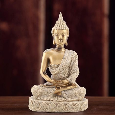 Statue Bouddha assis méditant en résine sculptée dorée, décoration artisanale pour salon, bureau, autel, ornement intérieur. (1/4)