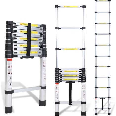 Randaco Escalera telescópica Pro 3,2 m, aluminio, 150 kg, patas antideslizantes