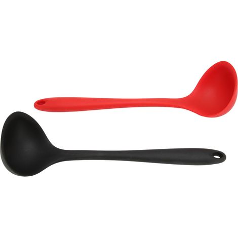 Ensemble de cuillères à soupe en silicone - Louches multifonctionnelles pour la cuisine, noires et rouges, avec trou de suspension rond (1/5)