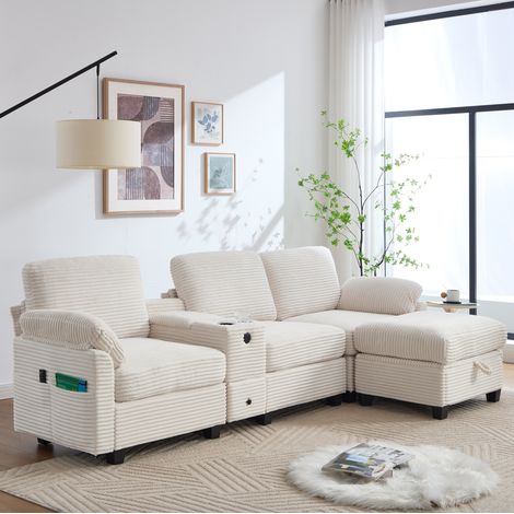Sofá grande de chenilla beige con espuma viscoelástica y consola móvil (1/5)