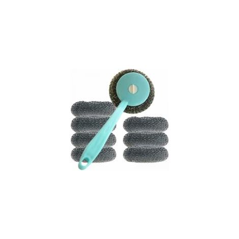1 ensemble de brosses à pot à long manche pour le nettoyage de la cuisine - 1 brosse à pot bleue à long manche + 8 boules de laine d'acier individuelles