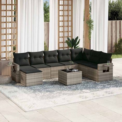 [Salon de Jardin 9 Places] Élémentaire - Set Complet en Résine Tressée Gris Clair avec Table en Verre Trempé, Coussins et Tabouret (1/5)