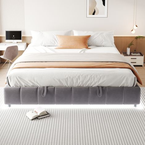 Bett Doppelbett Stauraum 180x200 LED Flanell Grau OKMYHOME (1/5)