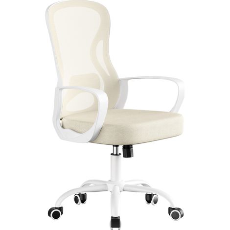Songmics – Chaise de bureau ergonomique en maille – Dossier lombaire ajustable – Assise réglable en hauteur – Confort respirant – Beige et blanc