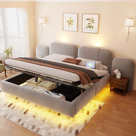 Cama tapizada 180x200 cm con almacenaje hidráulico, LED RGB y USB-C gris OKWISH (1/5)