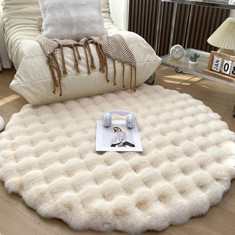 Tapis Décoratif Rond Diamètre 120 cm Texture Mixte Similicuir et Fourrure Longue Décoration Moderne Salon Chambre Beige (1/4)