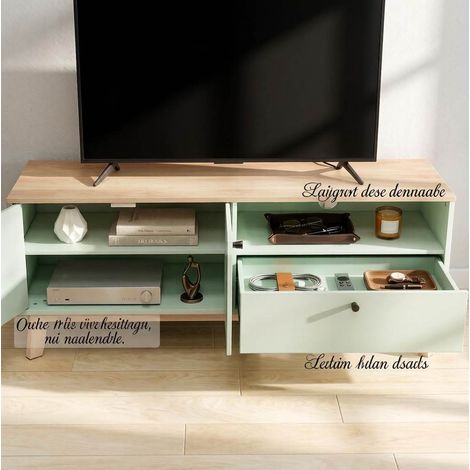 Meuble TV 120 cm pour écran jusqu'à 36 pouces avec 2 portes, tiroir et compartiment ouvert, finition vert clair et chêne (1/5)