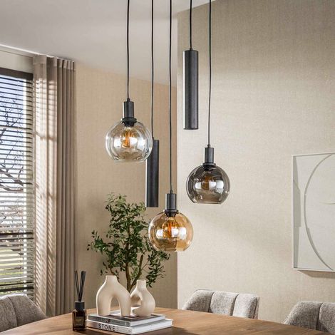 Suspension ronde 5 lampes 50x150 cm en verre ambré et chromé - GELDY (1/5)
