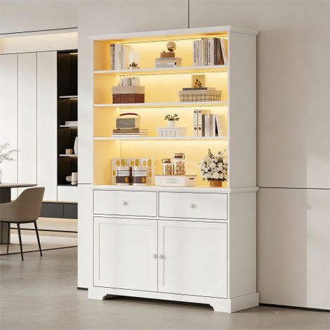 Vitrine haute blanche, vitrine de salon avec led, 2 portes et 2 tiroirs, 100 x 38 x 170 cm
