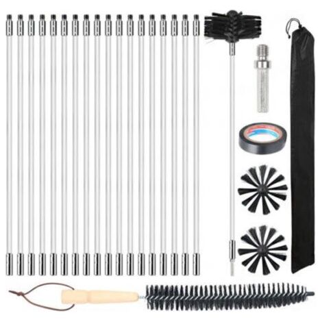Barre de brosse de 100 mm, 27 brosses de cheminée (dont 20 barres flexibles de 410 mm), 2 têtes de brosse, 1 connecteur de foret + accessoires de cheminée et brosse à manche en bois