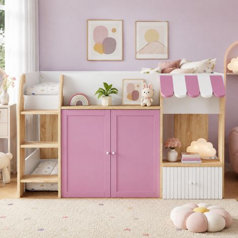 Letto a soppalco per bambini 206,6x114,3x109 cm in legno rosa e bianco, senza materasso – MEUBLIV (1/5)