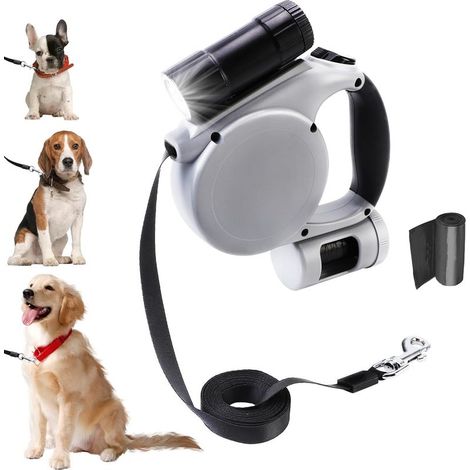 Laisse enroulable avec lampe de poche intégrée, laisse pour chien légère avec sangle en nylon de 5 m d'épaisseur, frein à une main, possibilité de pause et de verrouillage, pour chien/chat de petite à (1/5)