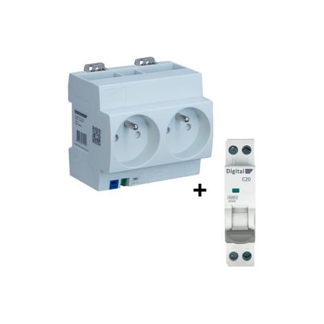 DIGITAL ELECTIRC - Disjoncteur 20A u00e0 Vis + Double Prise Modulaire Pru00e9cu00e2blu00e9 2P+T - Ru00e9f. : 04564+01020