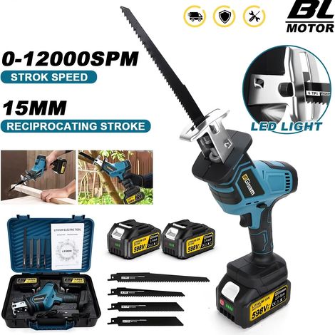 Scie alternative sans fil 3600W sans balais 12000 SPM, scie électrique portative pour bois et métal compatible batterie 18V avec 2 batteries