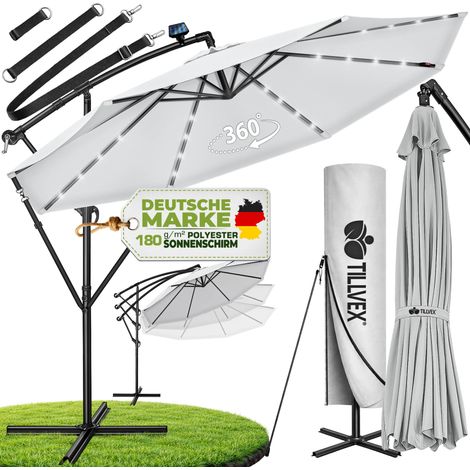 tillvex Ombrellone da Giardinoe LED Solar Ø 300 cm con manovella Ombrellone con interruttore on/off e base Materiale Alluminio con protezione UV - impermeabile Ombrellone a manovella con base