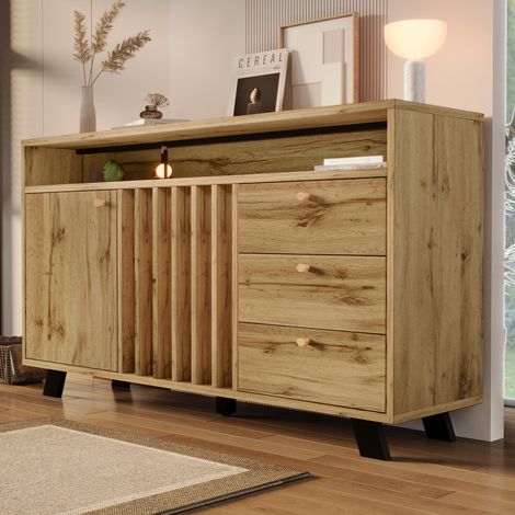 Buffet de cuisine 3 tiroirs 2 portes avec niche ouverte, meuble de rangement façade lamellée, MDF chêne, 120x40x85 cm (1/5)