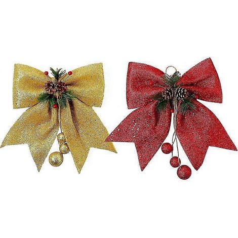 Grands Nœuds De Noël Pour Le Sommet Du Sapin, Nœuds Pour Sapin De Noël Pailletés Rouge Et Or Pour Décoration De Sapin, Nœud Papillon Pour Sapin Et Porte De Noël (1/5)