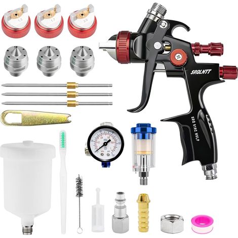 HVLP Kit de Pistolets Pneumatiques, avec Buses de 1,3/1,7/2,0mm, Pistolet Automobile éQuipé d'un RéGulateur De DéBit d'air Et d'un SéParateur, Pistolet à Peinture pneumatique (1/5)