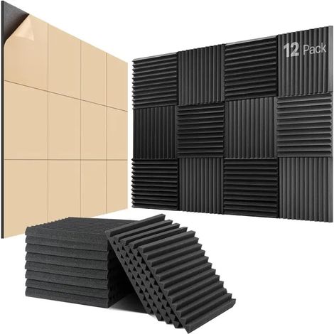 Panneaux acoustiques muraux lot de 12 ignifugés, mousse absorbante autocollante haute densité, isolation phonique pour murs et pièces, 30 x 30 x 2,5 cm (1/5)