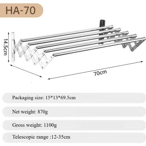 Portasciugamani retrattile in acciaio inox da 70 cm, stendibiancheria per balcone, non richiede foratura, pieghevole ed estensibile, ideale per il bagno - ALTRO (1/3)