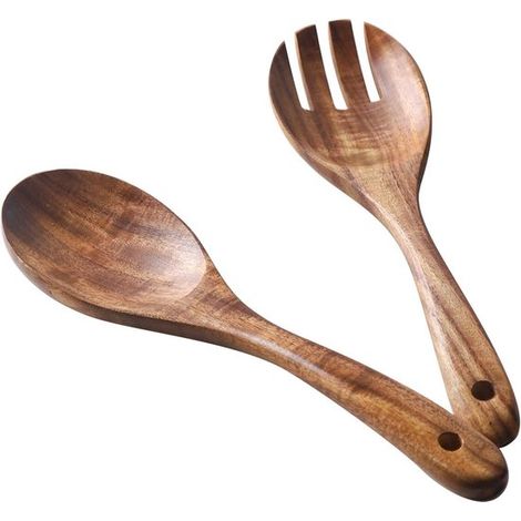 Lot de 2 couverts à salade en bois, cuillère et fourchette de service, pour salades, fruits et légumes, accessoires de cuisine et idée cadeau (1/5)