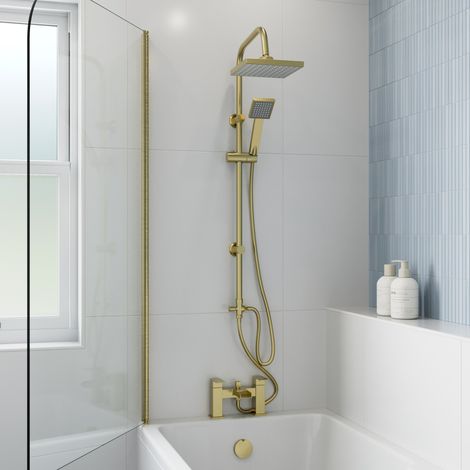 Bath Shower Mixer Waterfall Tap Kit Square Riser Rail Dual Heads Brushed Brass (1/5)