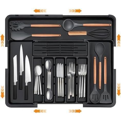 Range Couverts pour Tiroir, Organisateur Tiroir Cuisine Extensible, Plateau d'Ustensiles Rangement Cuisine avec 9 Compartiments, Range Couverts Plastique pour Cuillères Fourchettes Couteaux Grand Noir (1/5)