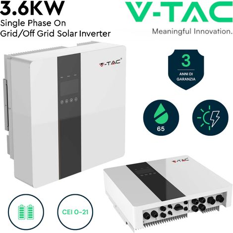 Inverter di rete ibrido On-Grid / Off-grid per impianto fotovoltaico, 3,6KW, monofase, garanzia 5 anni, con data logger wifi, 2 coppie di connettore MC4 ed un trasformatore amperometrico - V-TAC VT-66 (1/5)