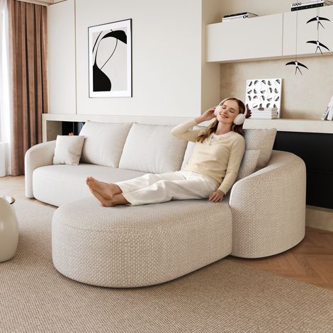 Canapé d'angle en L de 266 cm, canapé compressé en mousse, canapé modulable sans armature, canapé compressé pour salon, chambre, appartement, livré monté, blanc (1/4)