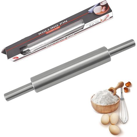 Nudelholz aus Edelstahl, antihaftbeschichtet, 43 cm langes, drehbares Nudelholz mit Griff, nahtloses, gerades Nudelholz, Backzubehör, Nudelholz für Pizza, Fondant und Kuchen (1/5)