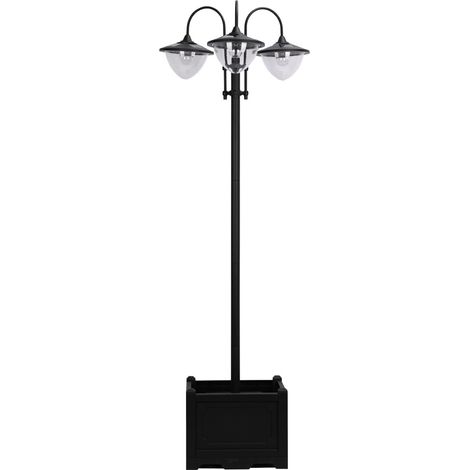 Ensemble de 3 lanternes solaires en métal, dimensions 60×55×189 cm, étanche IP44 et résistante au vent, base pour pot de fleurs, décoration de jardin et balcon, couleur noire.
