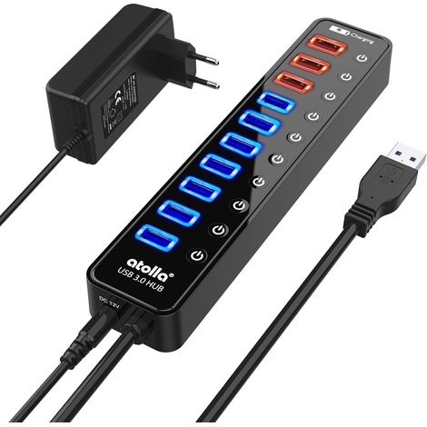 Hub USB 3.0, atolla 11 Port Hub USB Alimenté et LED&Interrupteur, 12V/4A (1/5)