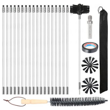 BARKBUSTERS Barre de brosse de 100 mm, 27 brosses de cheminée (dont 20 barres flexibles de 410 mm), 2 têtes de brosse, 1 connecteur de foret + accessoires de cheminée et brosse à manche en bois (1/4)