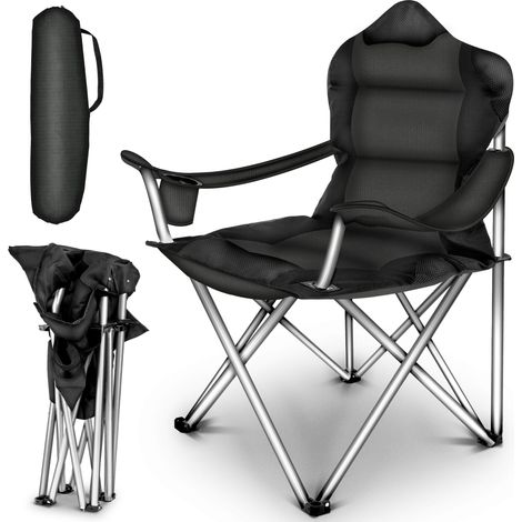 TRESKO Silla de camping plegable y transportable hasta 150 kg silla de pesca portátil con reposabrazos y portabebidas (Negro) (1/5)