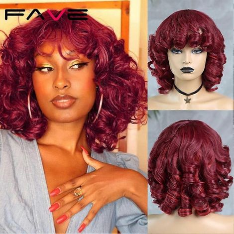 Perruques courtes et bouclées avec frange pour femmes, style afro, ondulées, synthétiques, ombrées, marron foncé, volumineuses et souples.